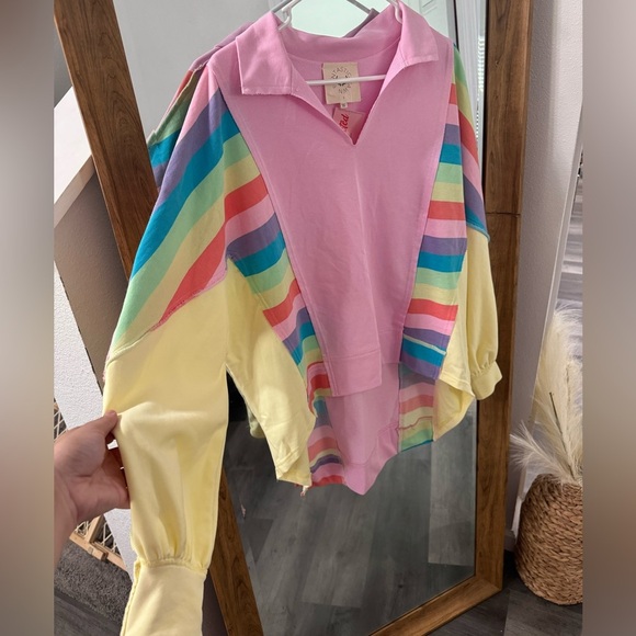 BNWT Boutique Pink Multi Colorblock Bubble Sleeve Top/Sweater - Picture 3 of 4